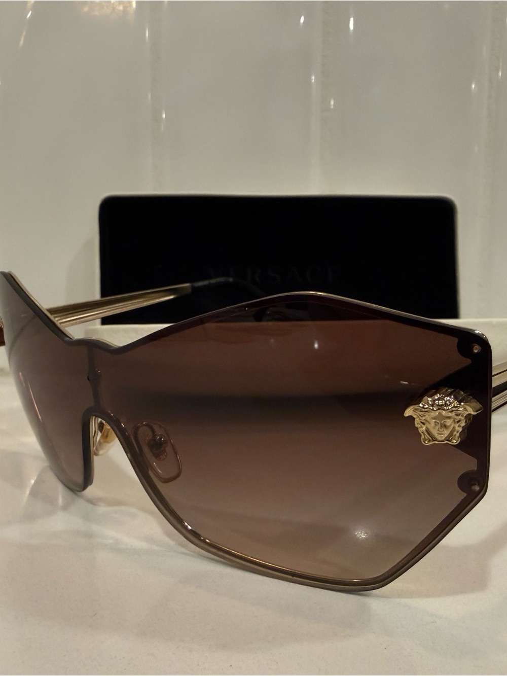 Versace Women's Brown Gradient Shield Sunglasses with Gold Medusa Detail